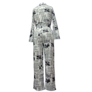 Women's Sexy Cardigan Shirt Neck Tie Long Sleeve Plus Size Jumpsuit Casual One Piece Pants Newspaper Print Harajuku Jumpsuit