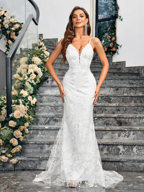 Ladies Dresses Sleeveless Camisole V-neck Sequined Mermaid White Wedding Dress Backless Lace Floor Length Evening Women Gown