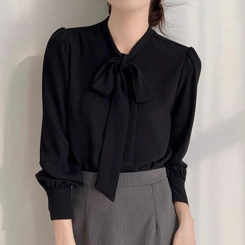Business Shirts for Women Long Sleeve Slimming Satin Silk Blouse With Bow Tie Female Elegant High End Solid Color Blouse