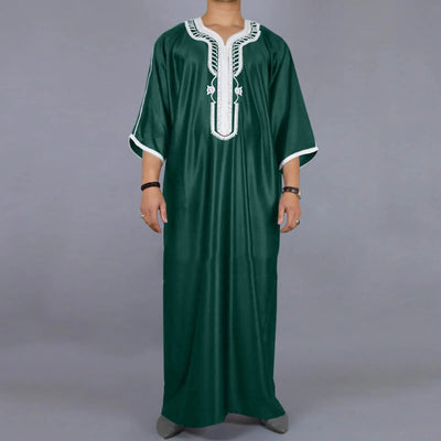 2025 Islamic Loose Abaya Men's Muslim Abaya Short Sleeve Embroidered Moroccan Arabic Style Traditional Green Abaya For Men