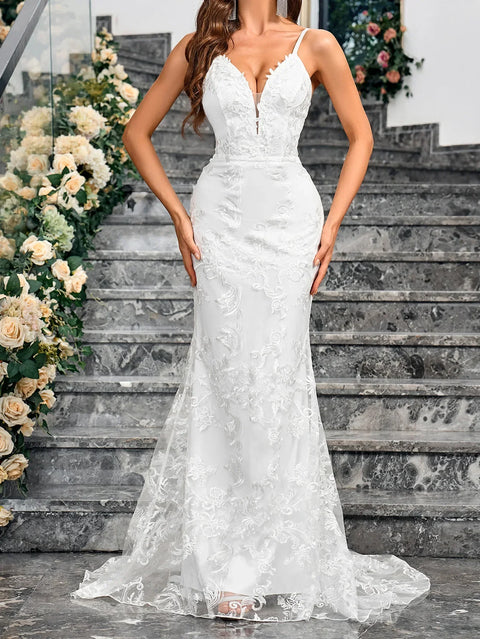 Mermaid Wedding Dress for Bride 2025 Deep V-neck Elegant Bridal Prom Gowns White Long Backless Sleeveless Wedding Party Gowns