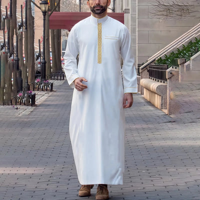 2025 Muslim Men Robe Embroidered Loose Long Skirt Ramadan Prayer Kaftan Pakistan Attire Thobe Gentleman Traditional Dress