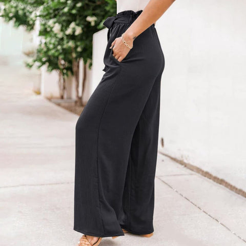 Summer Cargo Pants Women Plus Size High Waisted Tied Belt Palazzo Pants Baggy Flowy Beach Pants With Pockets Women's Pants