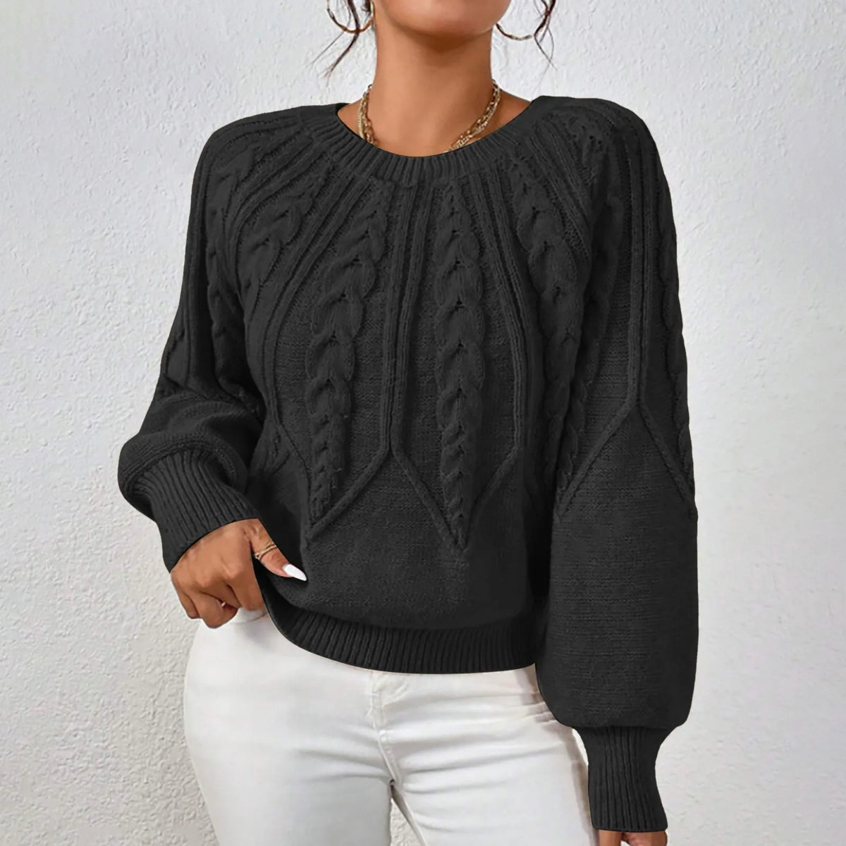 Cable Knit Puff Sleeve Crewneck Sweater – view 16 of 20