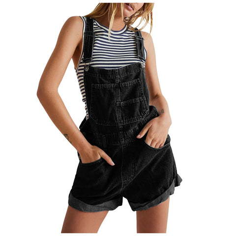 2024 Womens Cowboy Strap Jumpsuit Shorts Denim Loose Pocket Shoulder Strap Jeans Overalls For Women Youthful Woman Clothes