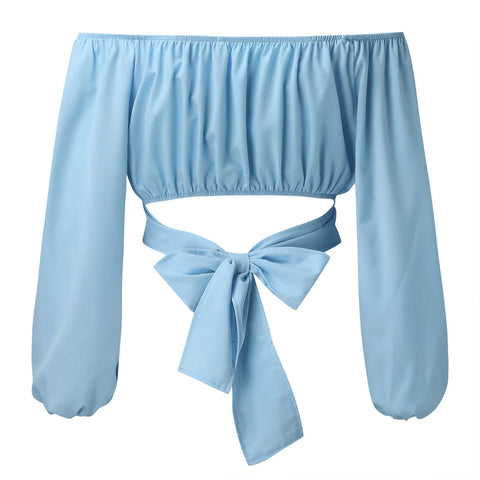 Women Sexy Off Shoulder Long Sleeve Top Self Tie Knot Crop Top Blouse Solid Color WoMen's Blouses Y2k Female Summer Shirts 블라우스