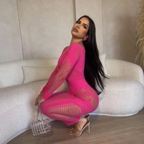 Women Full Sleeve Long Dress Mesh Hollow Out 2024 Fall O-neck Evening Vestidos Sexy Party Club Maxi Dresses Vestidos