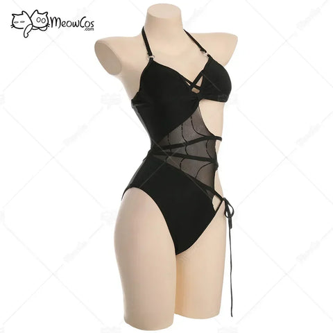 Meowcos Women Gothic Sexy Swimsuits for Women Halter Mesh Cutout One-Piece Swimsuit Tummy Control Bathing Suit
