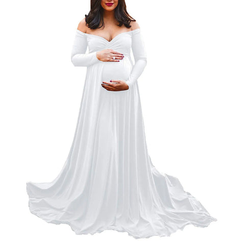 Womens Maternity Dress Sexy Off Shoulders Long Sleeve Photography Pregnants Dresses Solid Color Princess Dress Photo Props