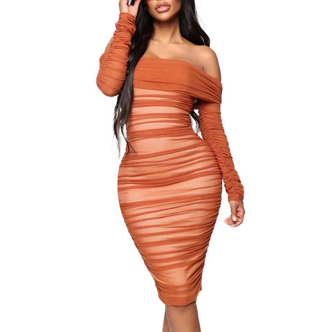 Elegant Formal Dress Women's Sexy Off Shoulder Long Sleeve Graceful And Chic Pleated Dress Evening Party Dresses For Women 2023