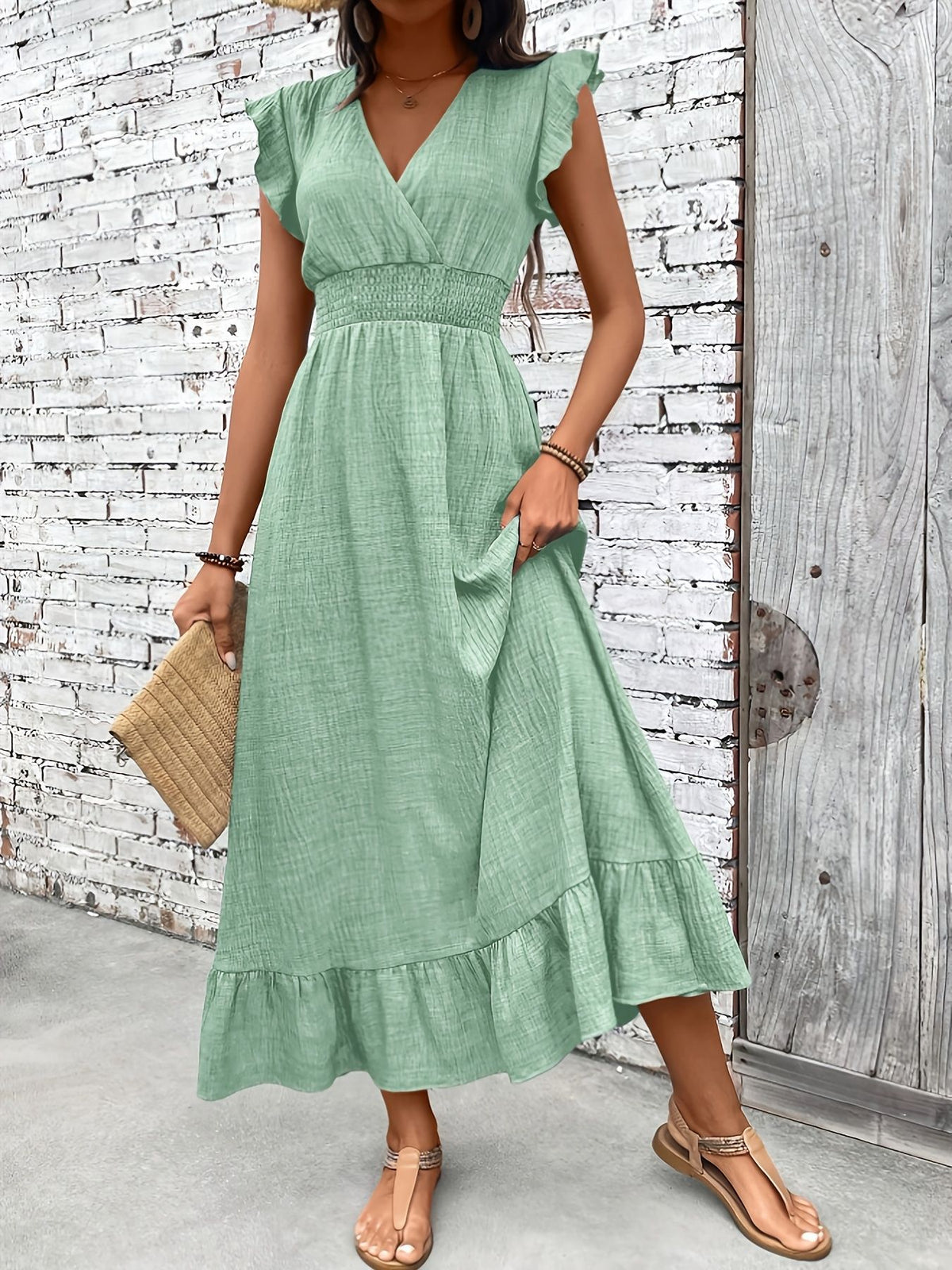 Sleeveless Ruched Beach Midi Dress in Green – view 3 of 6