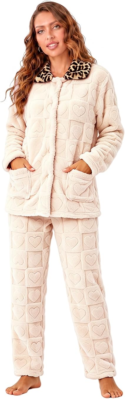 Leopard Plush Fleece Button-Down Pajama Set - view 3