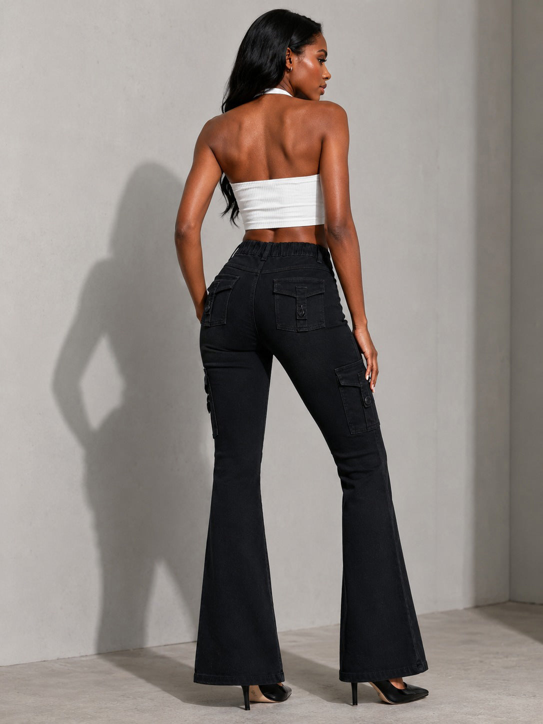 Black Vintage-Wash Cargo Flare Jeans - view 1