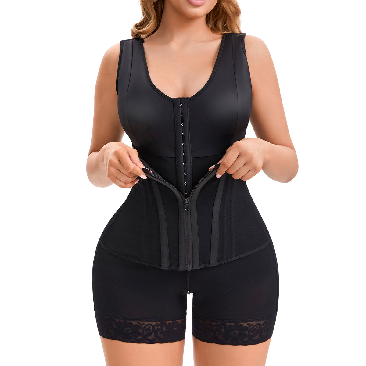Black overbust faja bodysuit, front view with hook-and-zip closure
