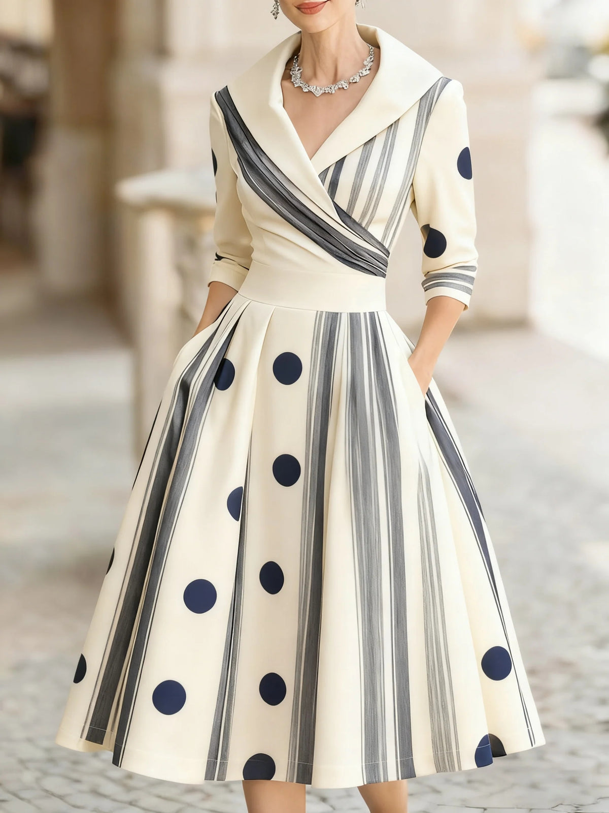 Fitted Long Sleeve Maxi Dress in Polka dot Beige – view 17 of 18
