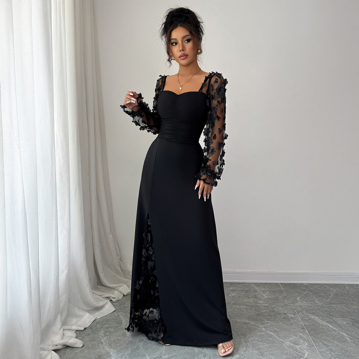 Floral Long Sleeve Midi Dress in Black – view 5 of 8