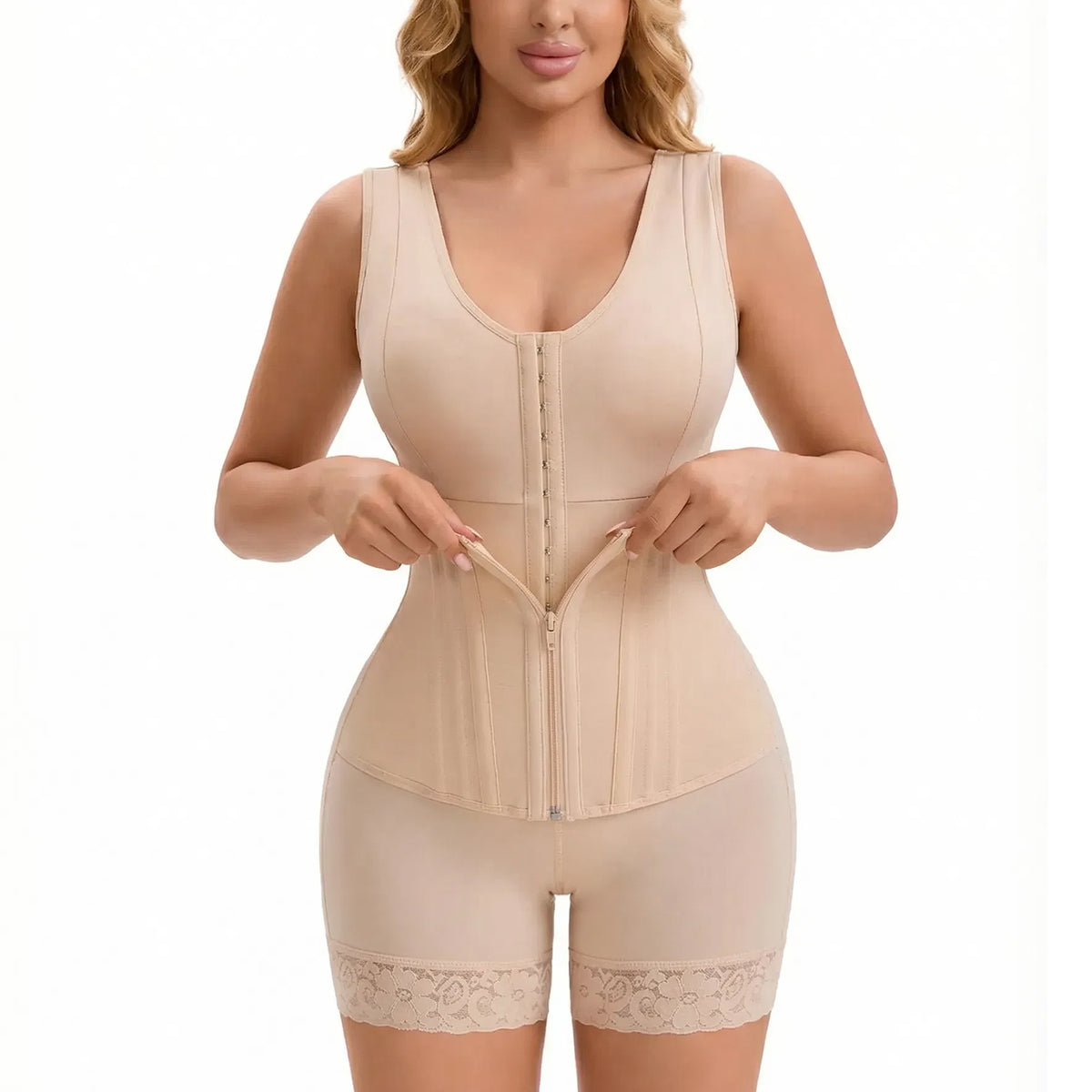 Beige overbust faja bodysuit, front view