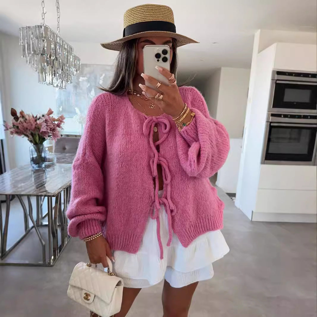 Bow Lace-Up Hollow-Out Knit Cardigan – view 4 of 10 | My Dressing Room
