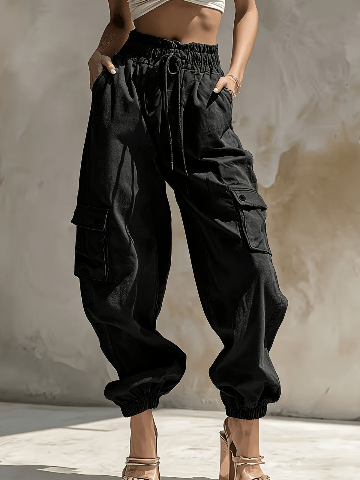 Khaki Drawstring Loose-Fit Cargo Pants - view 3