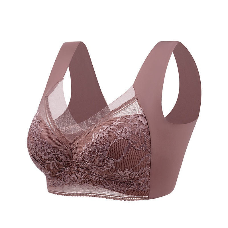 Lace Wirefree Padded Bra, angled view of lace cups and wide straps
