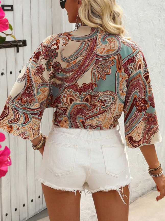 Boho Print Tie-Front Crop Top - view 4