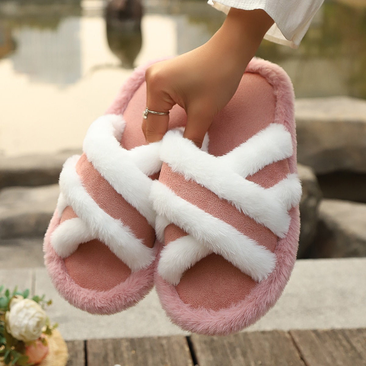 Fluffy Cross-Strap Platform Slippers - view 2