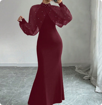 Solid Patchwork Long Sleeve Bodycon Dress in Wine Red – view 15 of 16