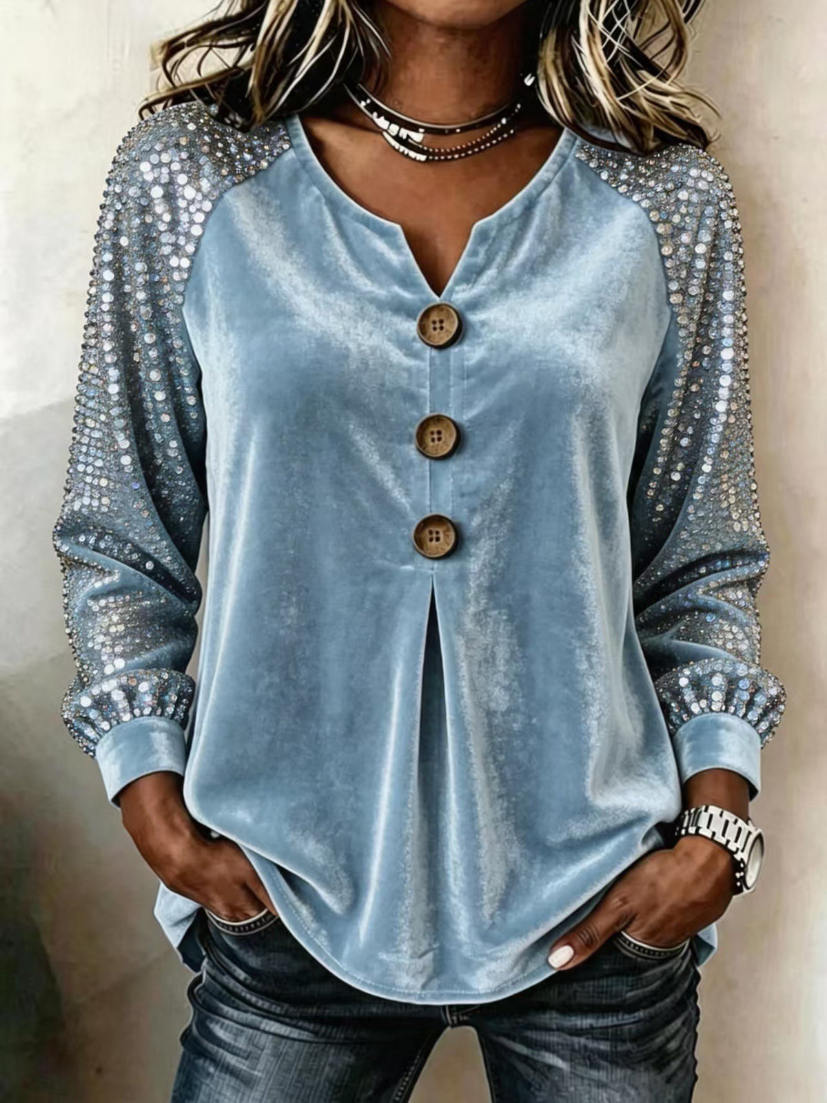 Sequin Long-Sleeve Button Top - view 2