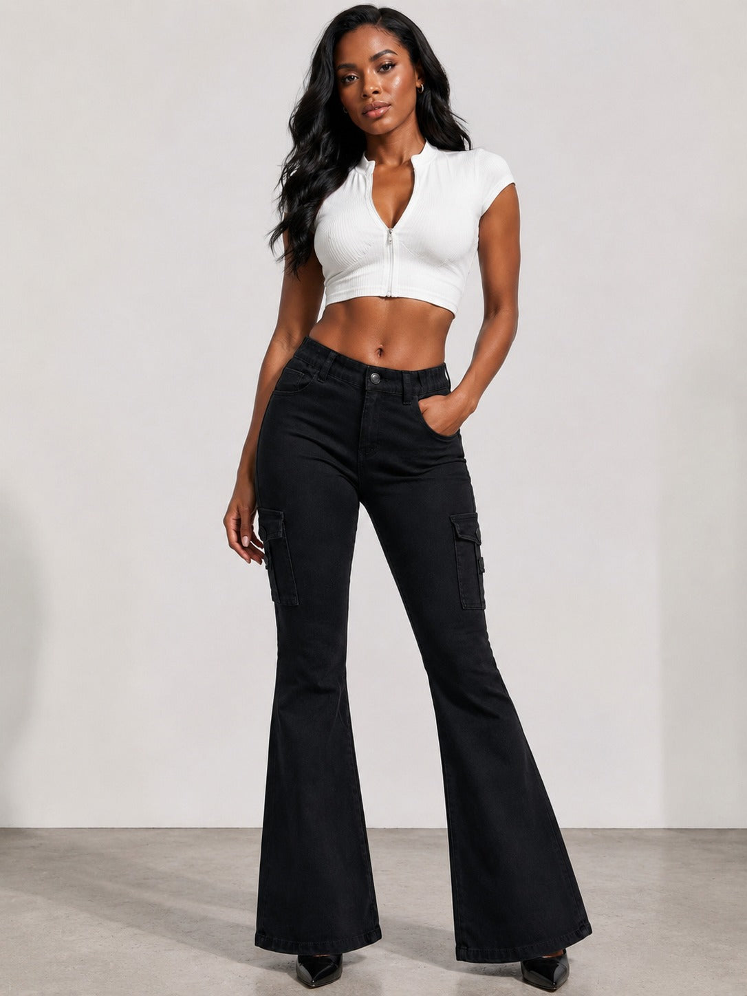 Black Vintage-Wash Cargo Flare Jeans - view 3