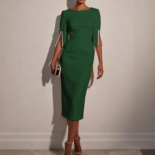 Beaded Half-Sleeve Work Dress in Green – main view