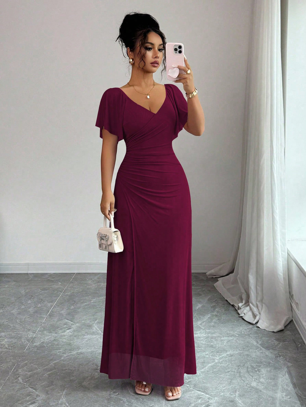 Flutter Sleeve Pleated Sheath Dress in Wine Red – view 9 of 12