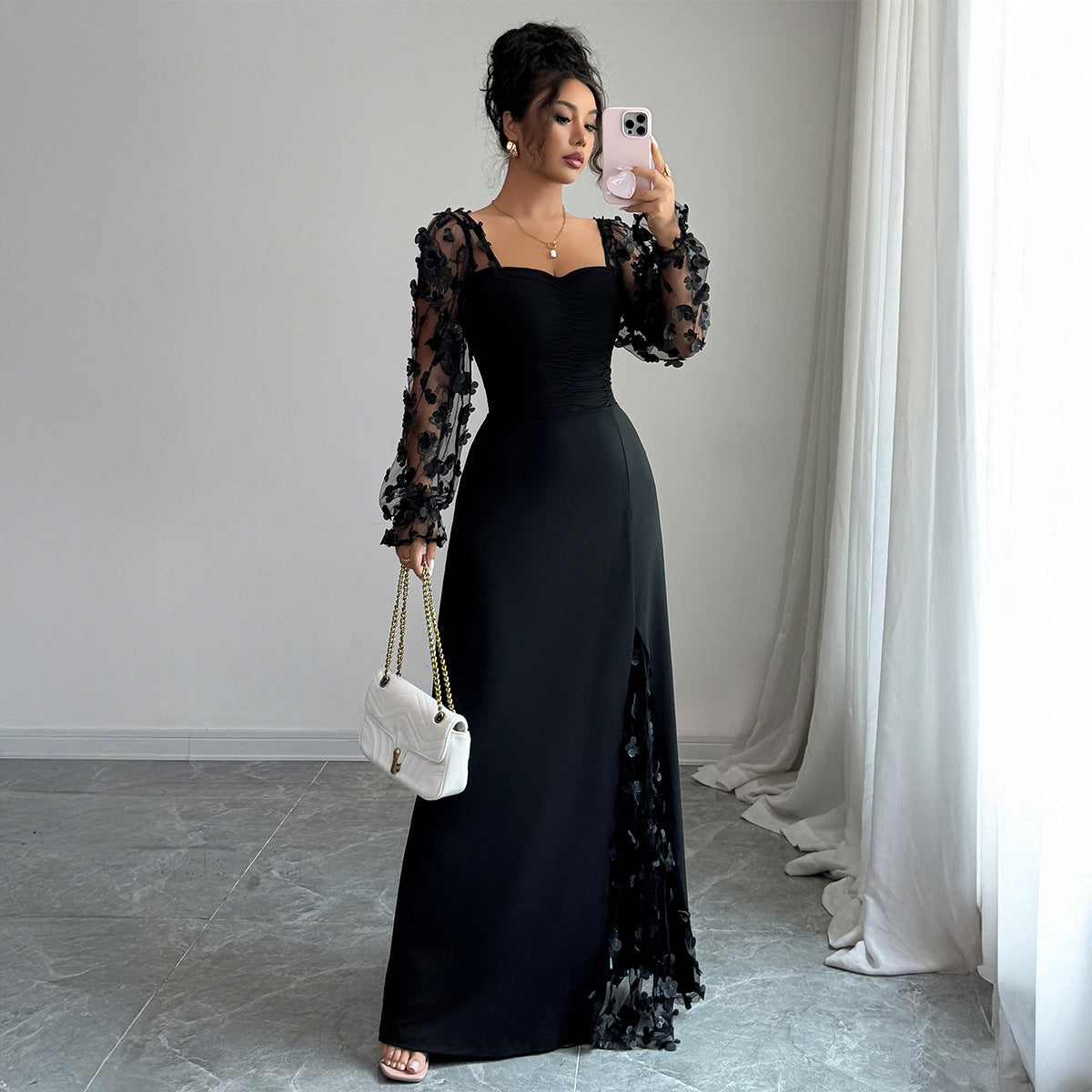Floral Long Sleeve Midi Dress in Black – main view