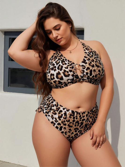 Plus Size Leopard Halter High-Waist Bikini Set - view 1