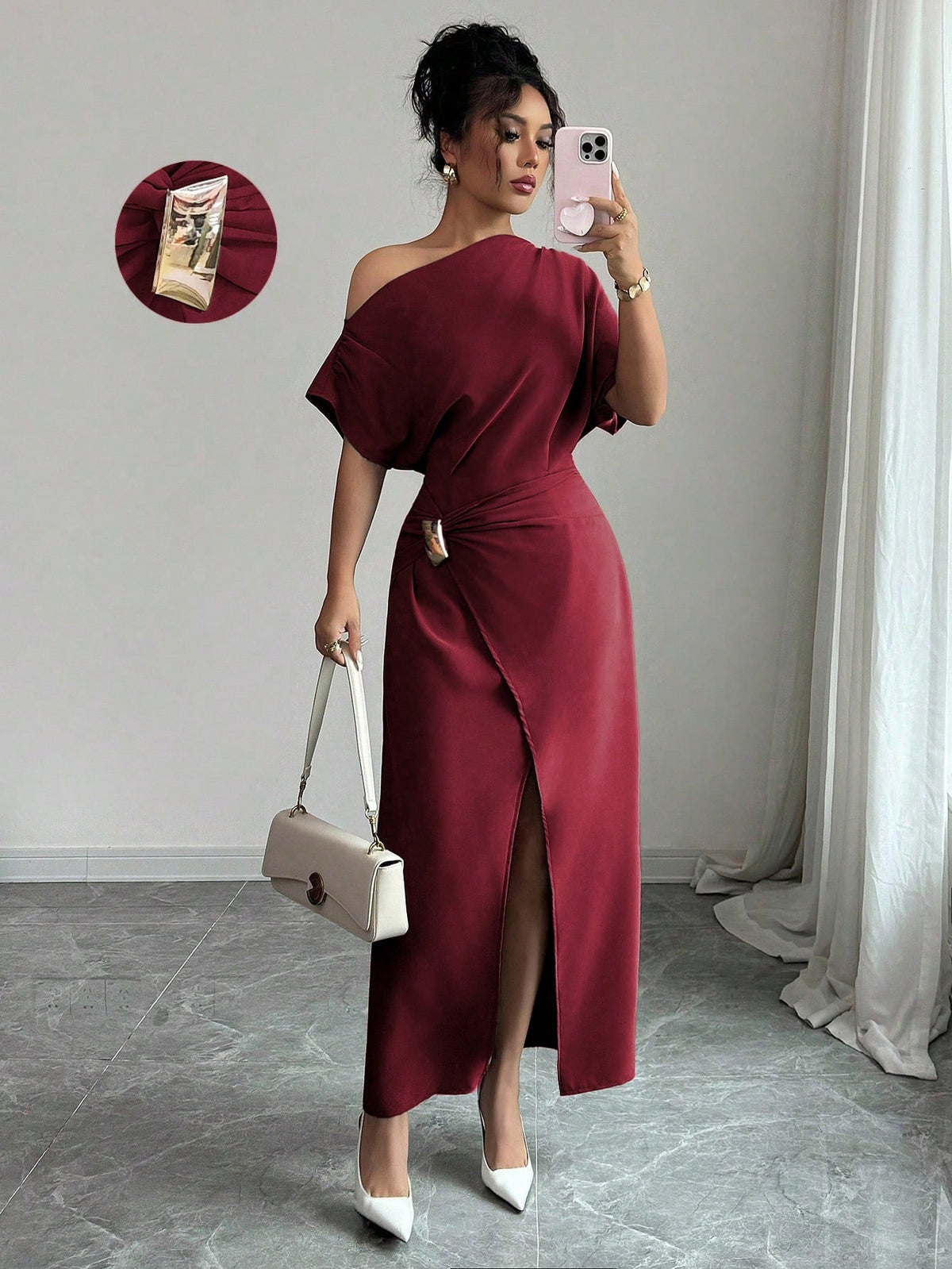Off-Shoulder Bodycon Maxi Dress in Wine Red – view 4 of 10