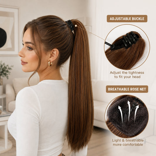 Straight Drawstring Ponytail Extension, Ombre Brown – main view | My Dressing Room