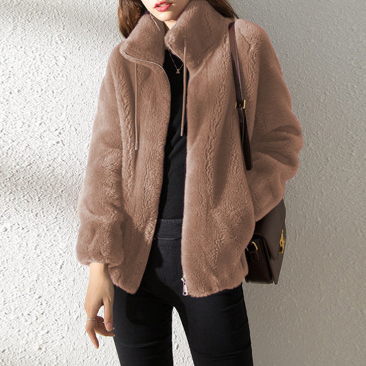 Fleece High-Neck Cardigan Sweater – main view | My Dressing Room