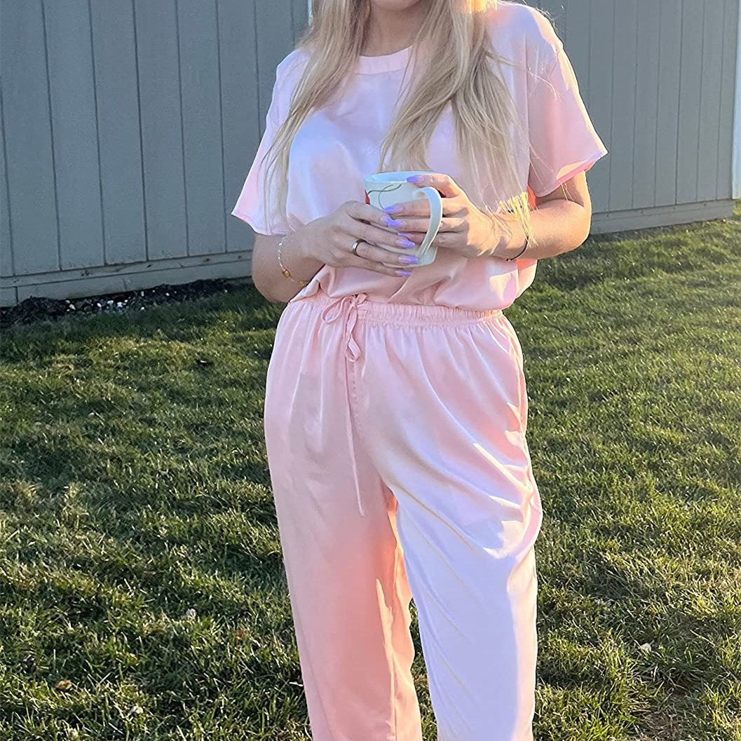 Satin Short-Sleeve Pajama Set with Long Pants - view 4
