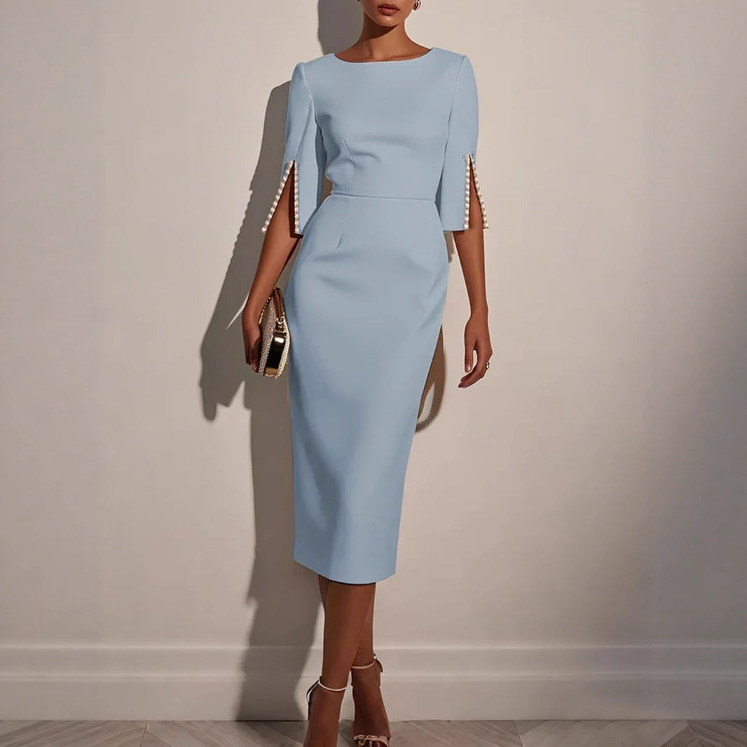 Beaded Half-Sleeve Work Dress in Light Blue – view 8 of 10