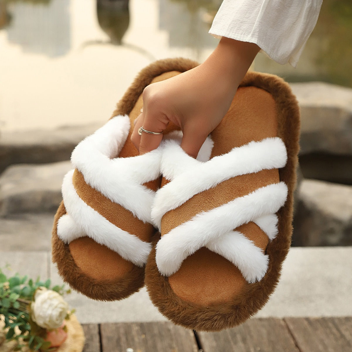 Fluffy Cross-Strap Platform Slippers - view 5