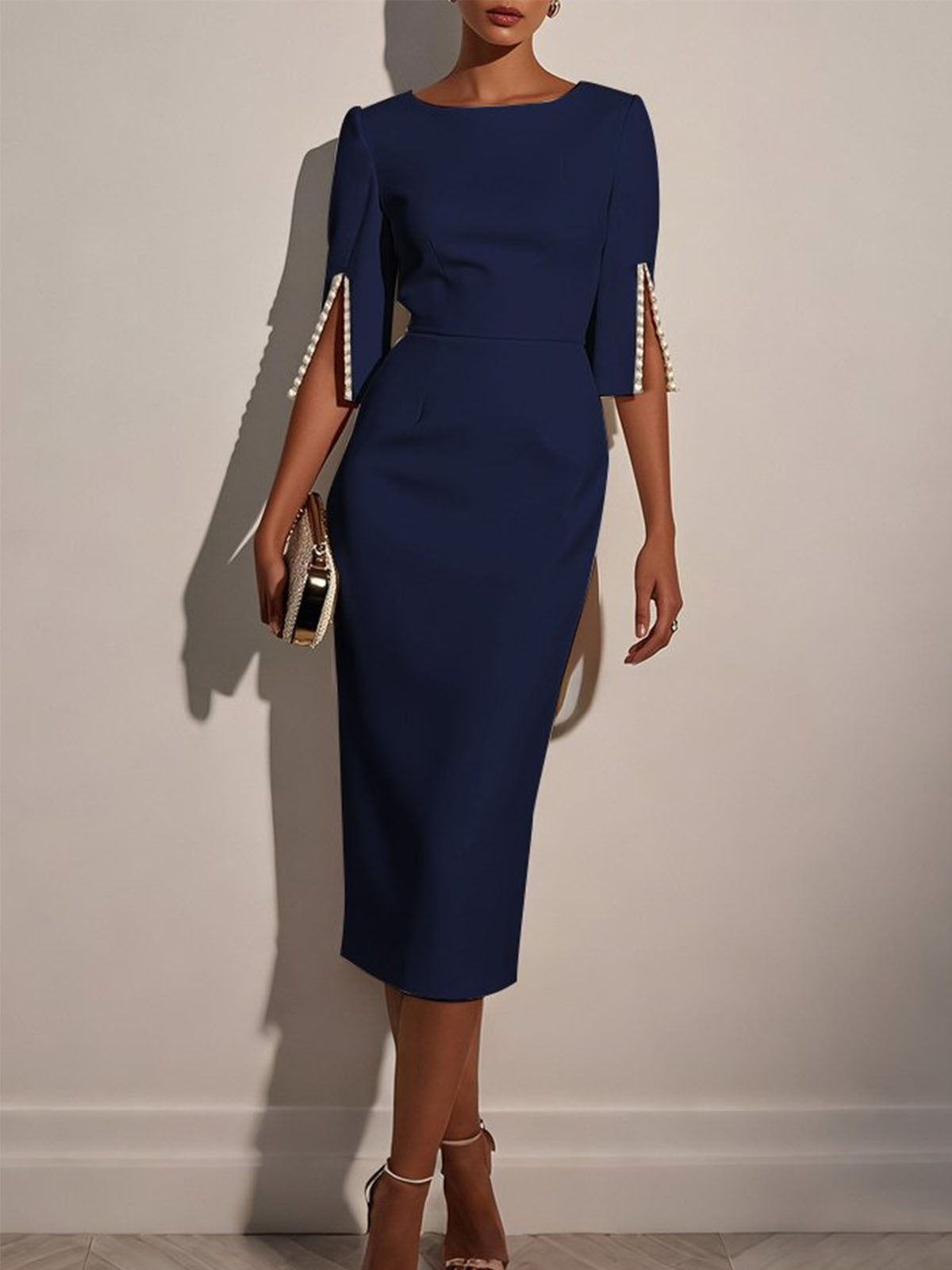 Beaded Half-Sleeve Work Dress in Navy Blue – view 5 of 10