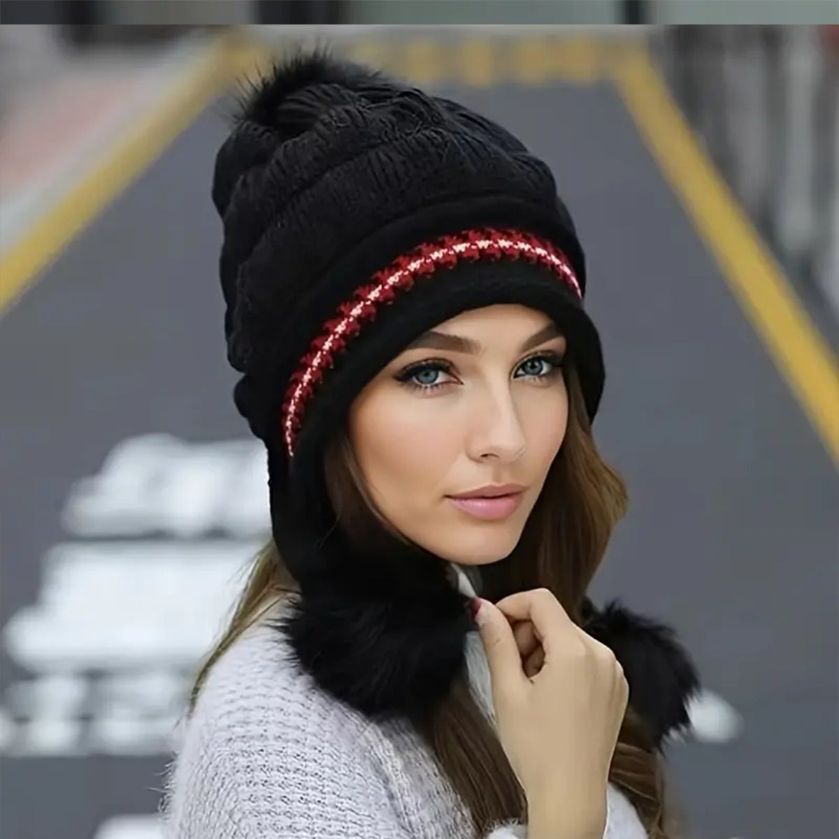 Cozy Fleece-Feel Ear-Flap Pom-Pom Beanie – main view | My Dressing Room