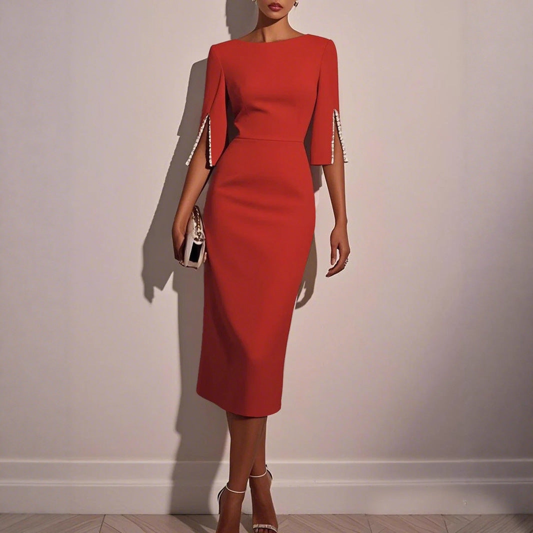 Beaded Half-Sleeve Work Dress in Red – view 3 of 10