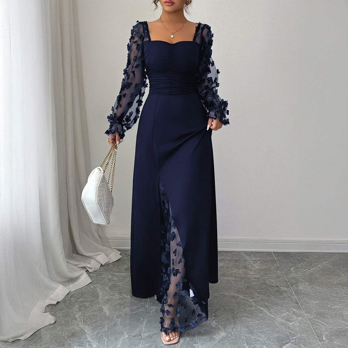 Floral Long Sleeve Midi Dress in Navy Blue – view 7 of 8