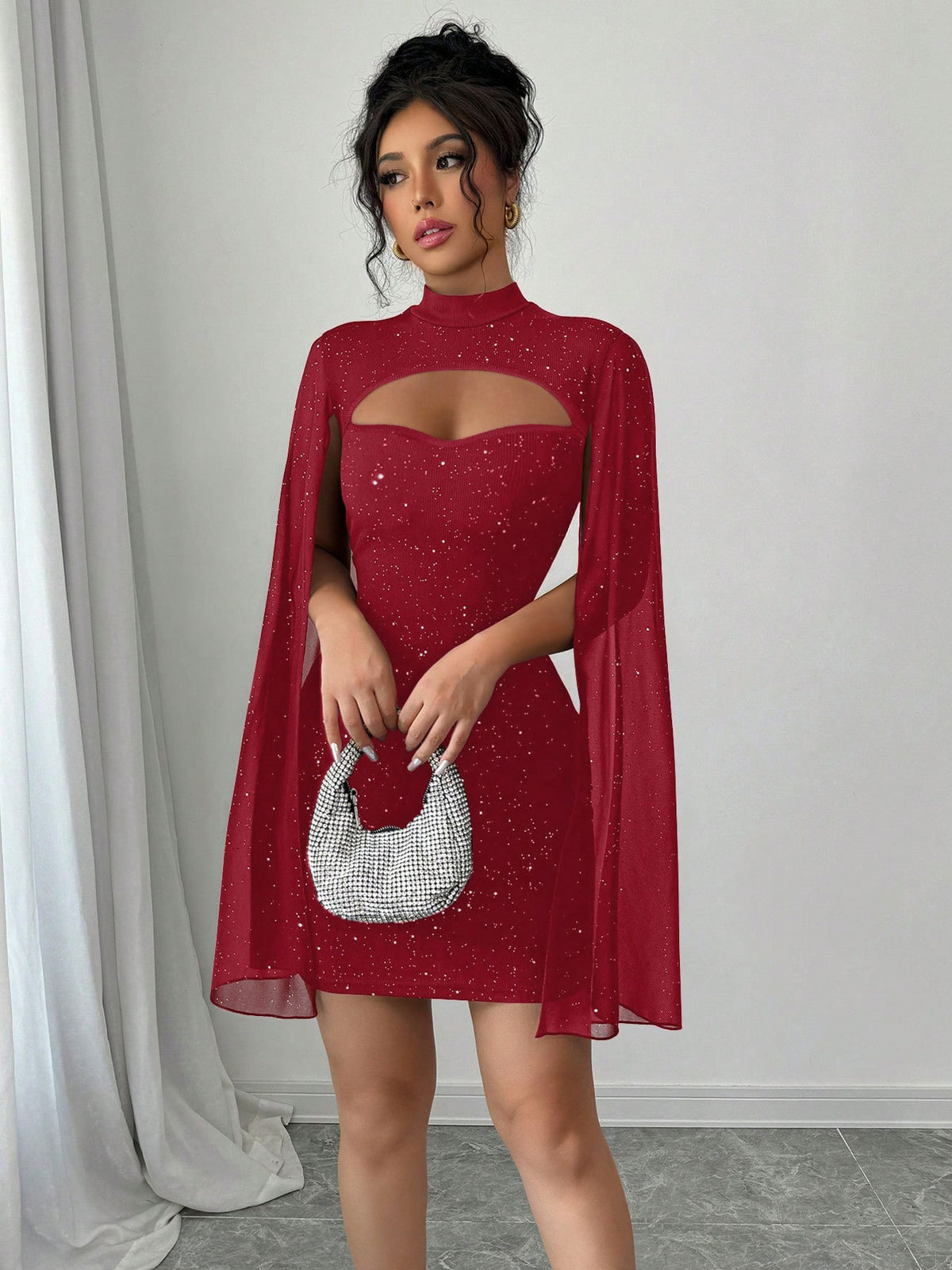 Ribbed Cape Bodycon Mini Dress in Red – view 9 of 10