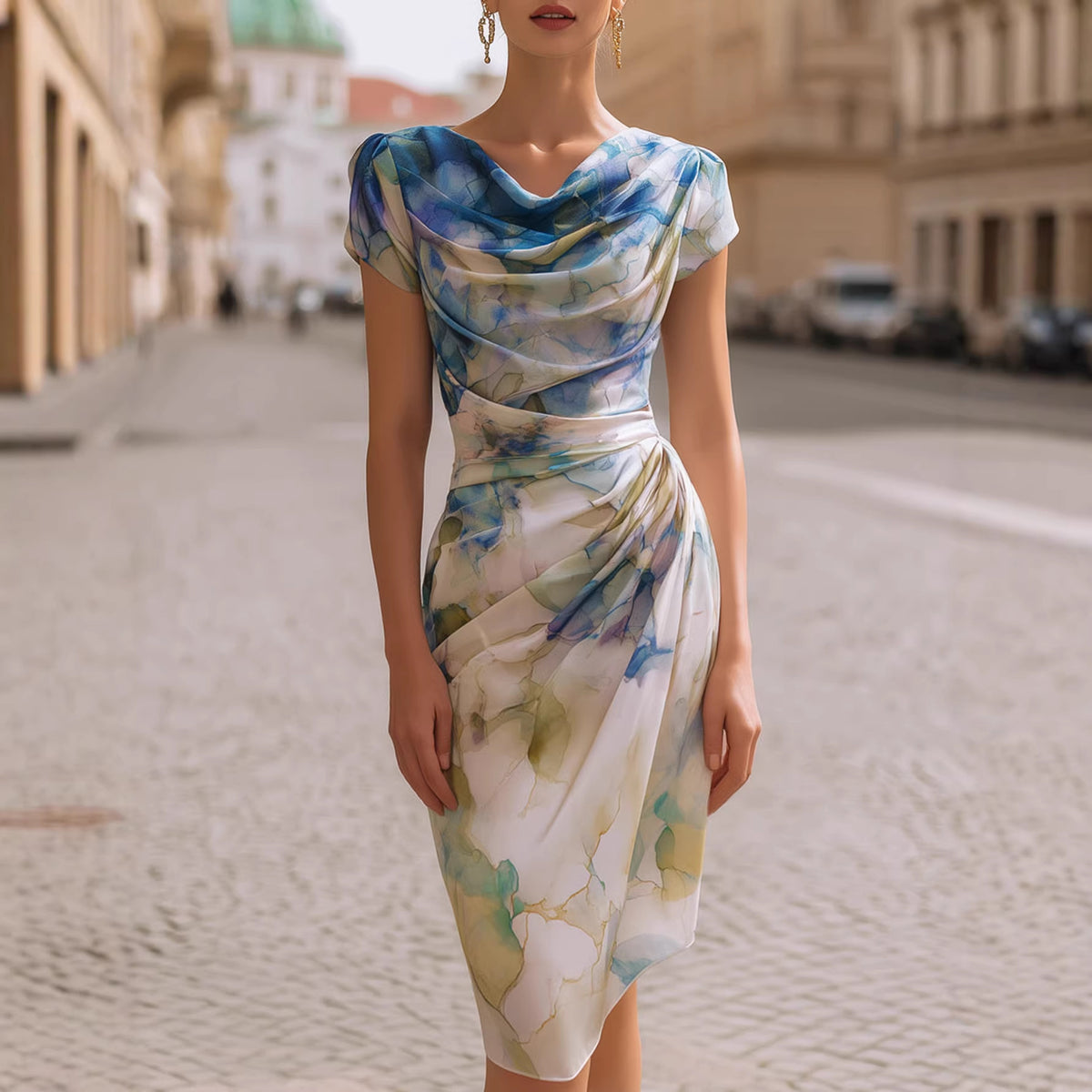 Printed Short-Sleeve Bodycon Dress – main view