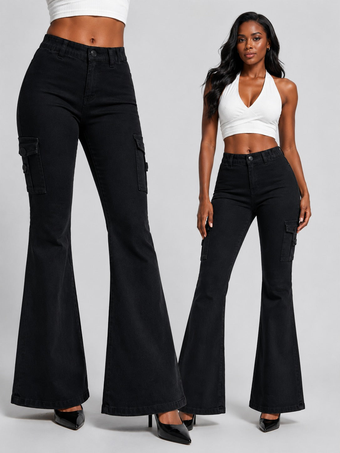 Black Vintage-Wash Cargo Flare Jeans - view 4