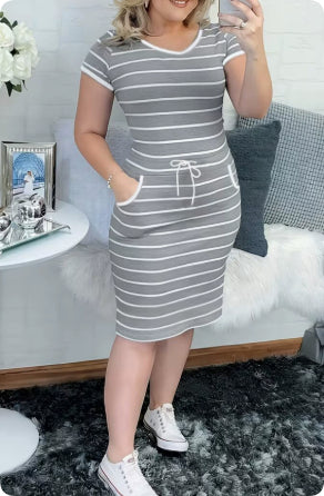 Striped Drawstring Bodycon Mini Dress in Light gray – view 2 of 6
