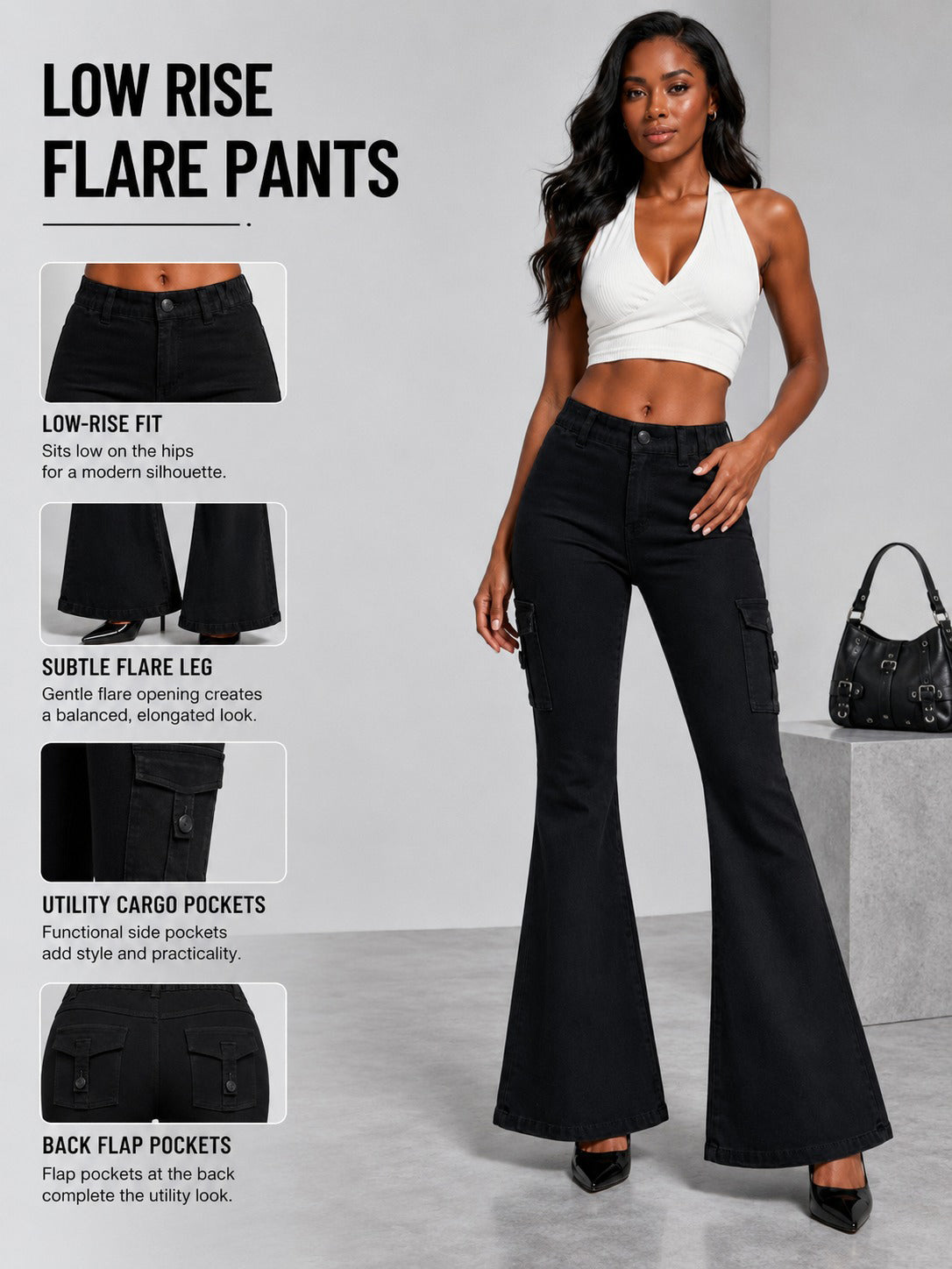 Black Vintage-Wash Cargo Flare Jeans - view 2