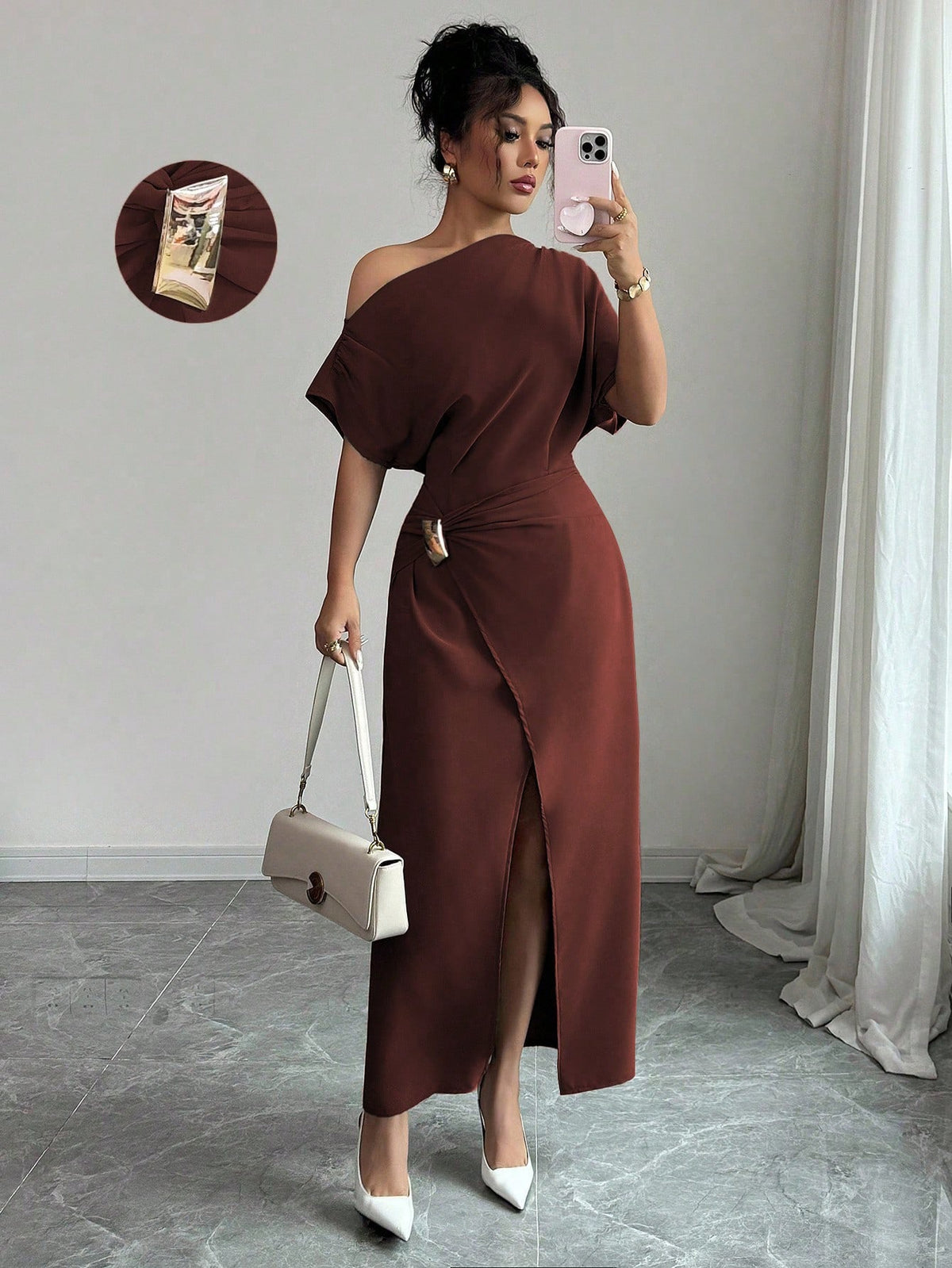 Off-Shoulder Bodycon Maxi Dress in Dark Brown – view 9 of 10