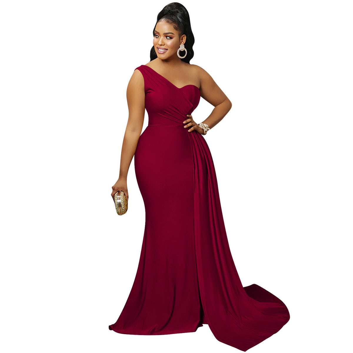 One-Shoulder Bodycon Maxi Dress in Wine Red – view 10 of 13